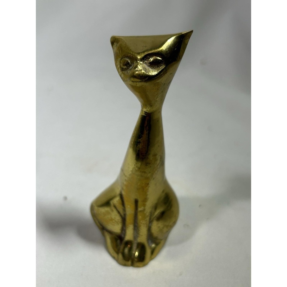Vintage Brass Cat Kitten Figurine Small Siamese MCM Scuplture Gold Tone 4" Tall